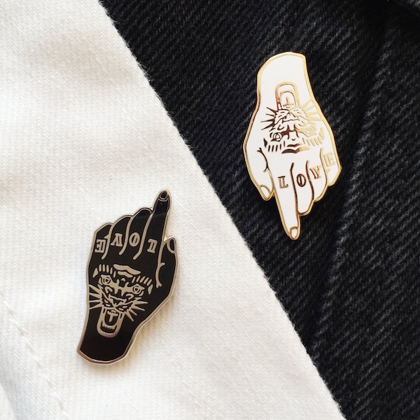 Tiger Love Tattoo Hand Enamel Pin Badge Black Silver White Gold Hard Enamel
