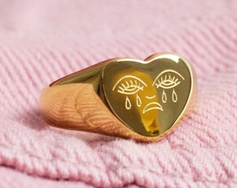 Crying Heart Tattoo Ring 18K Gold Plated Signet Heart Shaped Size US 5-9 UK K-S Sad Face