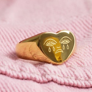 Crying Heart Tattoo Ring 18K Gold Plated Signet Heart Shaped Size US 5-9 UK K-S Sad Face