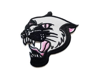 Panther Embroidered Patch Zed Tee Cat Collab Iron On Black, White & Pink Tattoo Design Style Big Cat