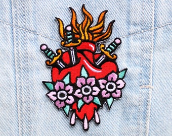 Sacred Heart Tattoo Embroidered Patch Iron Sew On Badge Ash Price Mexican Milagros Good Luck Charm Floral