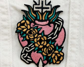 Sacred Heart Chain Tattoo Embroidered Patch Iron Sew On Badge Ash Price