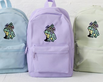 Mushroom Frog Mini Backpack Embroidered Shroom Toad Lavender Baby Blue Pink Black Pistachio Green Designed by Ash Price