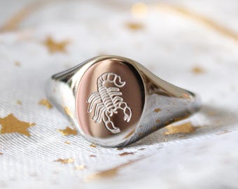 Scorpion Zodiac Signet Ring Silver Stainless Steel Star Sign Gift Scorpio