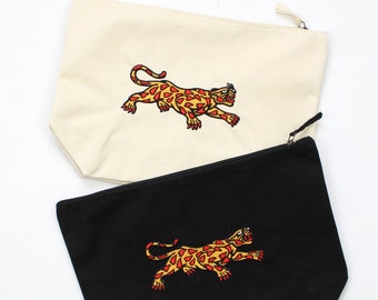 Heart Panther Tattoo Embroidered Canvas Zip Accessory Pouch Make Up Bag Pink Orange Benny Smalls