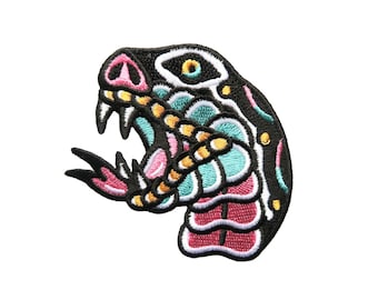 Snake Head Embroidered Patch Cobra Iron On Badge Tattoo Design Style ASH PRICE Sewn On Pink Blue Black Traditional Colour Serpent