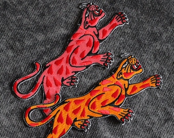 Heart Panther Tattoo Embroidered Iron On Patch Badge designed by Benny Smalls Orange Pink Red