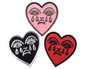 Crying Heart Embroidered Patch - Iron On patch Red & Black/White sew on patch