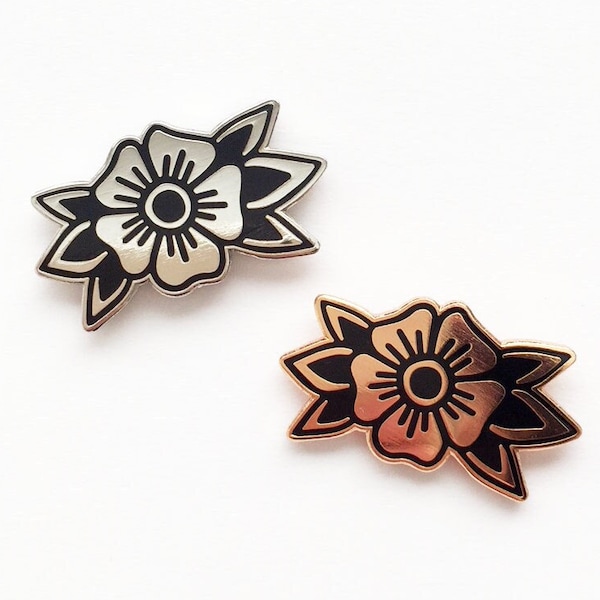 Traditional Flower Tattoo Enamel Pin Lapel Pin Badge Set of 2 Collar Tips Silver Rose Gold Black Hard Enamel