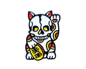 Maneki Neko Lucky Skull Cat Enamel Pin Badge Lapel Pin Soft Enamel Ash Price Tattoo Design White, Yellow Red & Black Japanese