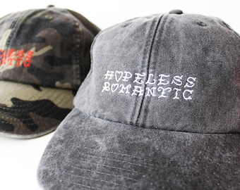 Hopeless Romantic Tattoo Font Embroidered Vintage Stonewash Baseball Dad Cap Black Camo Denim
