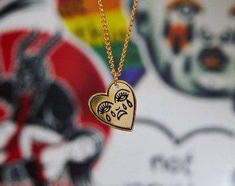 Crying Heart Gold Silver Charm Necklace Pendant Chain Necklace Tattoo Enamel Pin 16"/18"