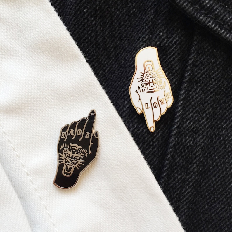 Tiger Love Tattoo Hand Enamel Pin Badge Lapel Pin Black Silver White Gold Hard Enamel Black & White Set