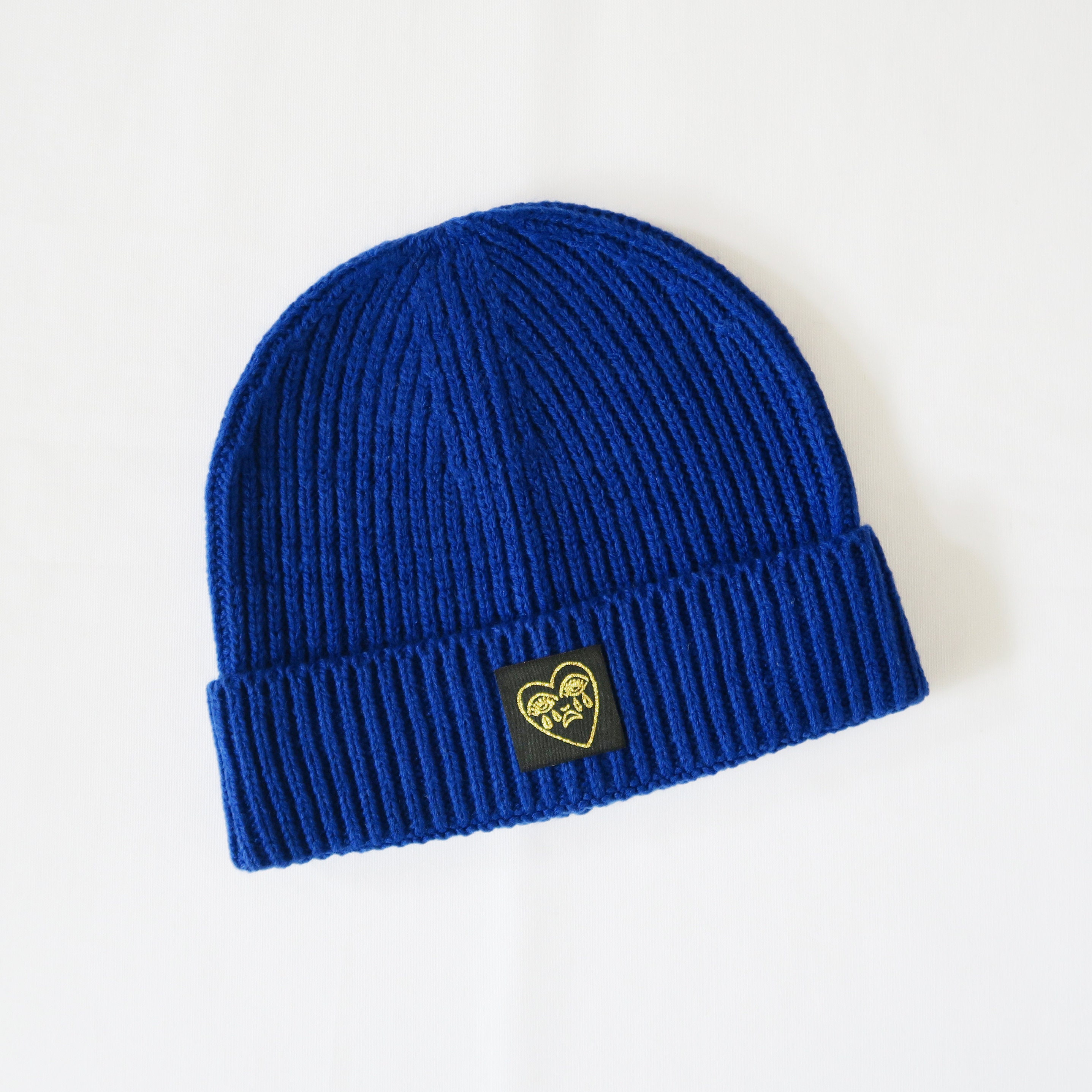 Crying Heart Patch Ribbed Beanie Hat Knitted Wool Winter