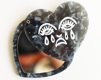 Crying Heart Black Marble Acrylic Heart Shape Pocket Mirror Compact Hand Bert Grimm Sad Face