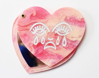Crying Heart Pink Glitter Galaxy Marble Acrylic Heart Shape Pocket Mirror Compact