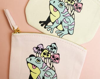 Mushroom Frog Tattoo Printed Organic Cotton Coin Zip Purse Ash Price