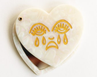 Crying Heart Pearl Acrylic Heart Shape Pocket Mirror Compact Hand Bert Grimm Sad Face