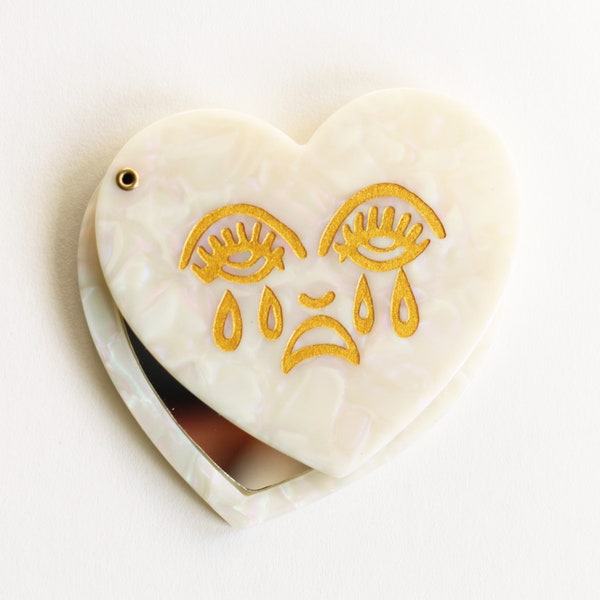 Crying Heart Pearl Acrylic Heart Shape Pocket Mirror Compact Hand Bert Grimm Sad Face