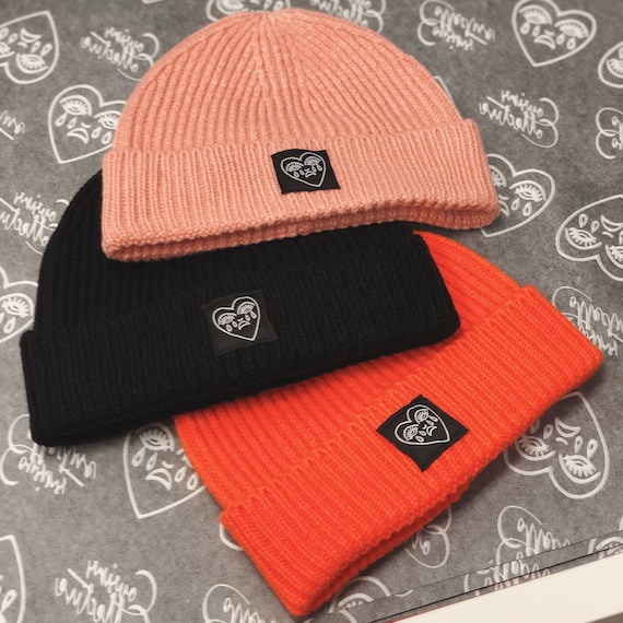 Crying Heart Patch Ribbed Beanie Hat Knitted Wool Winter