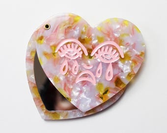 Crying Heart Pink Yellow Marble Acrylic Heart Shape Pocket Mirror Compact