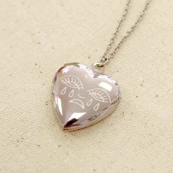 Crying Heart Tattoo Silver Locket Charm Necklace Stainless Steel