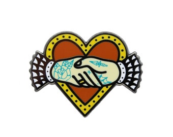 Shaking Hands Heart Traditional Tattoo Enamel Lapel Pin Badge