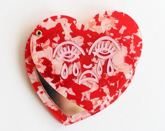 Crying Heart Red Pink Marble Acrylic Heart Shape Pocket Mirror Compact Hand Bert Grimm Sad Face