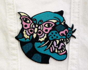 Panther Butterfly Tattoo Embroidered Patch Iron Sew On Badge Ash Price