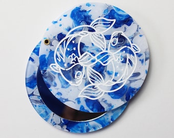 Koi Fish Blue White Marble Acrylic Circle Pocket Mirror Compact Hand Pisces