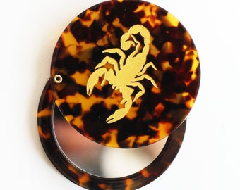 Scorpion Tortoiseshell Acrylic Circle Pocket Mirror Compact Hand Scorpio Zodiac Astrology