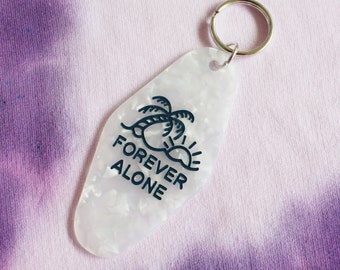 Forever Alone White Marble Motel Keytag Holographic Iridescent engraved Keychain Keyring Gift Desert Island