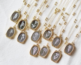 Birth Flower Vintage Mirror Gold Charm Pendant Necklace Birthday Gift Anniversary