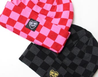 Crying Heart Patch Checkerboard Pink/Black Beanie Hat Tattoo Design Bert Grimm