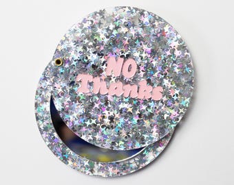 No Thanks Glitter Stars Acrylic Circle Pocket Mirror Compact Hand