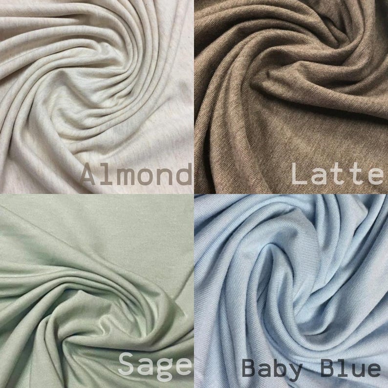 May include: Four fabric swatches in different colors: Almond, Latte, Sage, and Baby Blue. The fabric is soft and has a slight texture.
