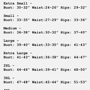 May include: Size chart for clothing with measurements in inches for bust, waist, and hips. Sizes include Extra Small, Small, Medium, Large, Extra Large, 2XL, 3XL, and 4XL.