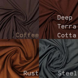 May include: Four fabric swatches in different colors: coffee, deep terra cotta, rust, and steel. The fabric is a soft, stretchy knit.