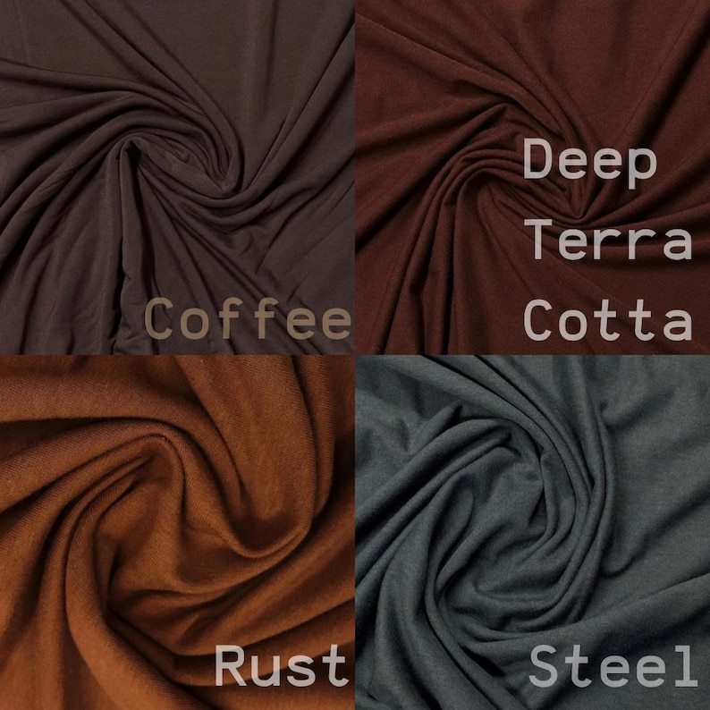 May include: Four fabric swatches in different colors: coffee, deep terra cotta, rust, and steel. The fabric is a soft, stretchy knit.
