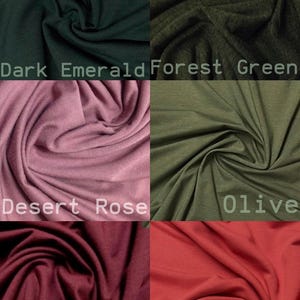 May include: A close-up of six fabric swatches in different colors: dark emerald, forest green, desert rose, olive, maroon, and salmon.