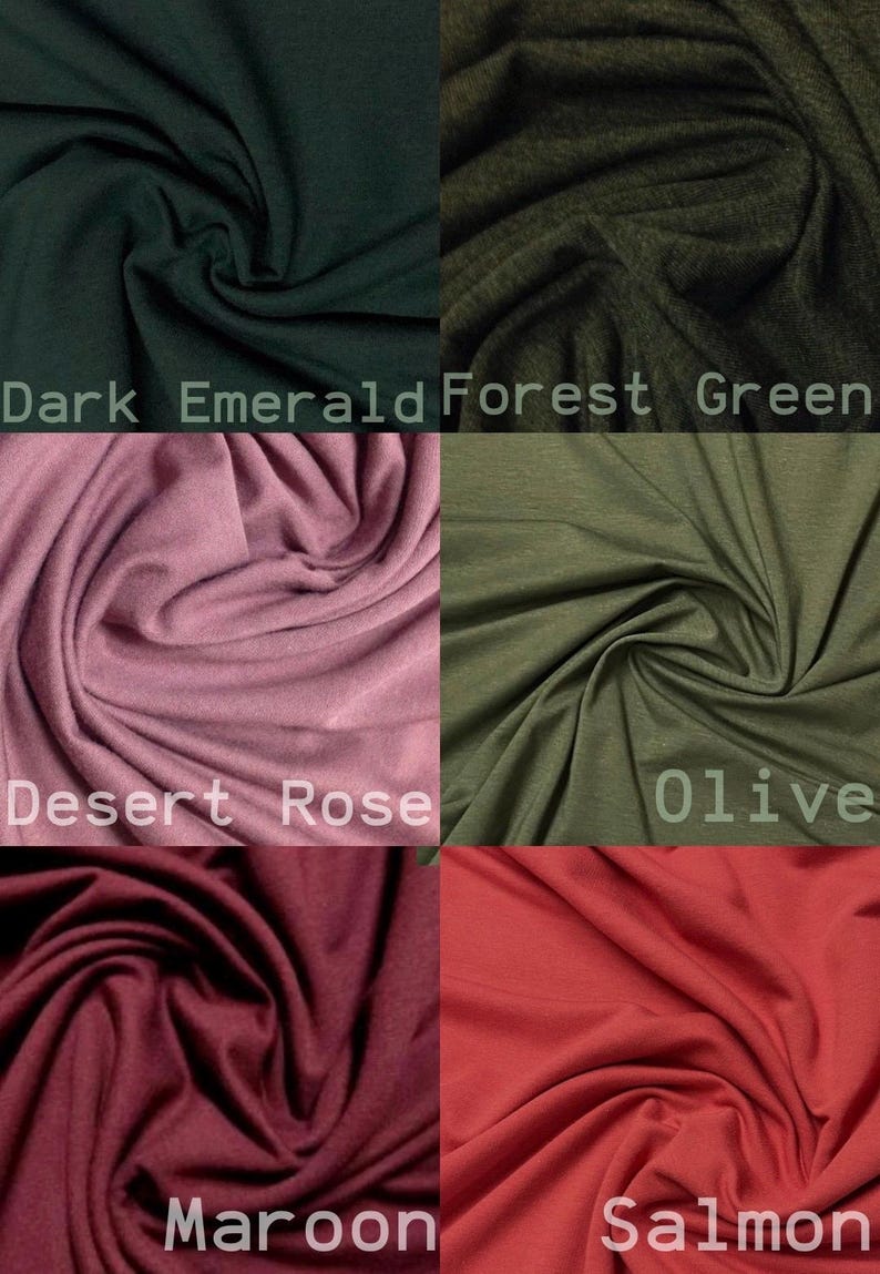 May include: A close-up of six fabric swatches in different colors: dark emerald, forest green, desert rose, olive, maroon, and salmon.