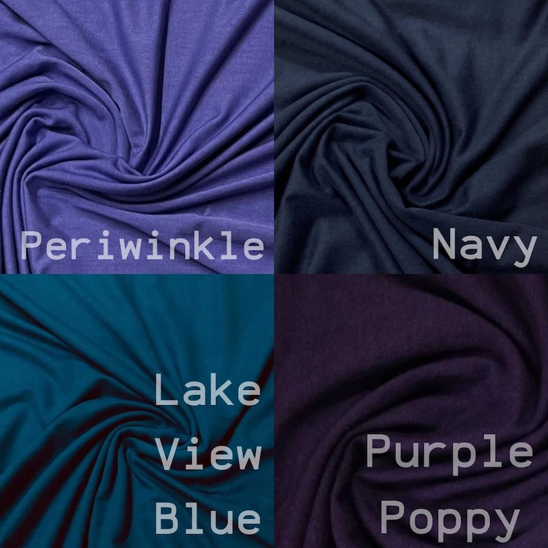 May include: Four fabric swatches in different colors: periwinkle, navy, lake view blue, and purple poppy.