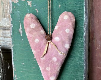 Rustic Heart Hanger with Bell ~ Distressed Fabric ~ Ornament ~ Bowl Filler ~ Primitive Folk Art