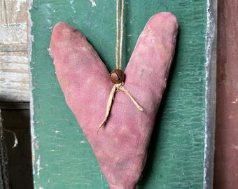 Rustic Heart Hanger with Bell ~ Distressed Fabric ~ Ornament ~ Bowl Filler ~ Primitive Folk Art
