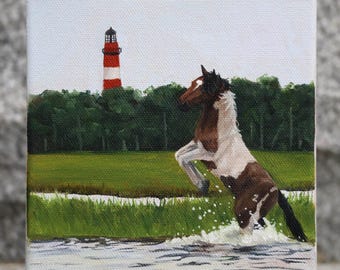Chincoteague Pony Original Painting 6x6" - "Martha Lou Makes a Splash"
