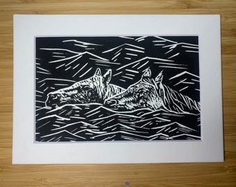 Chincoteague Pony Swim Linocut - Matted