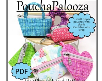 PouchaPalooza PDF Sewing Patterns Zipper Pouch Hair Scrunchie Wrist Strap Heart Pyramid Tiny Tote Boxy Bag Oval Easy Gift Projects