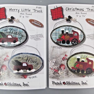 Peut inclure: Deux fiches d'instructions de loisirs créatifs intitulées Merry Little Truck P185 et Christmas Train P183 par Patch Abilities, Inc. Chaque fiche présente deux ornements ovales à suspendre mesurant 12,7 cm sur 18,4 cm avec des motifs festifs.