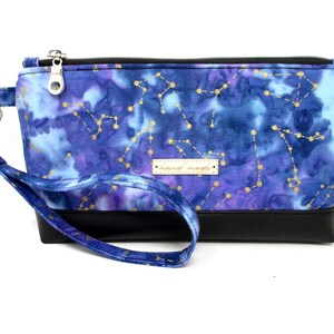Celestial estrelas batik pulseira bolsa de embreagem com zíper bolsa de pulso artesanal espaço místico pronto para enviar pequeno saco de celular