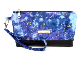 Celestial Stars Batik Wristlet Clutch Purse Zipper Pouch Handmade Wrist Purse Mystical Space Ready To Ship Small Cellphone Bag